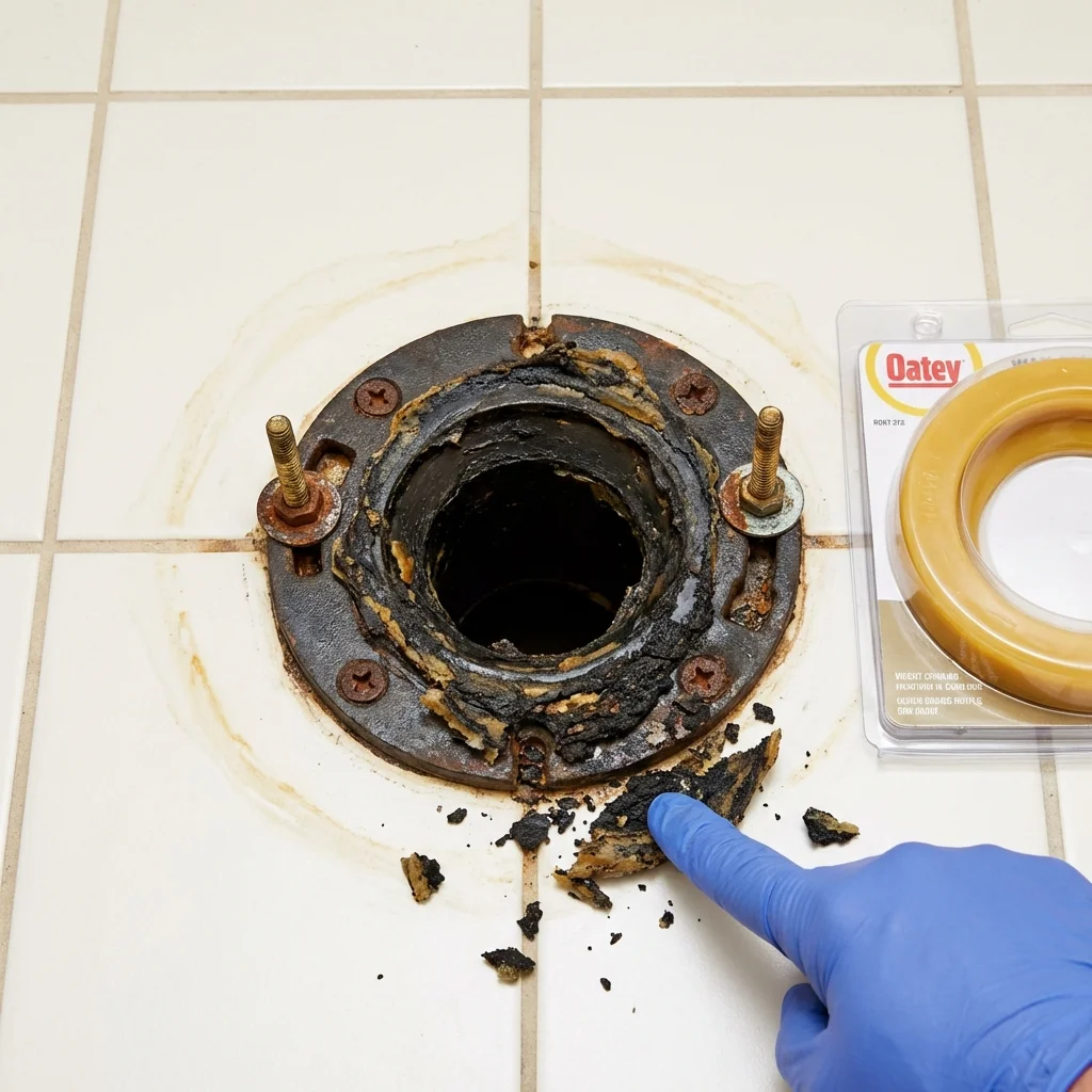 Failed wax ring showing water seepage at the base of a toilet in a Medina, NY home