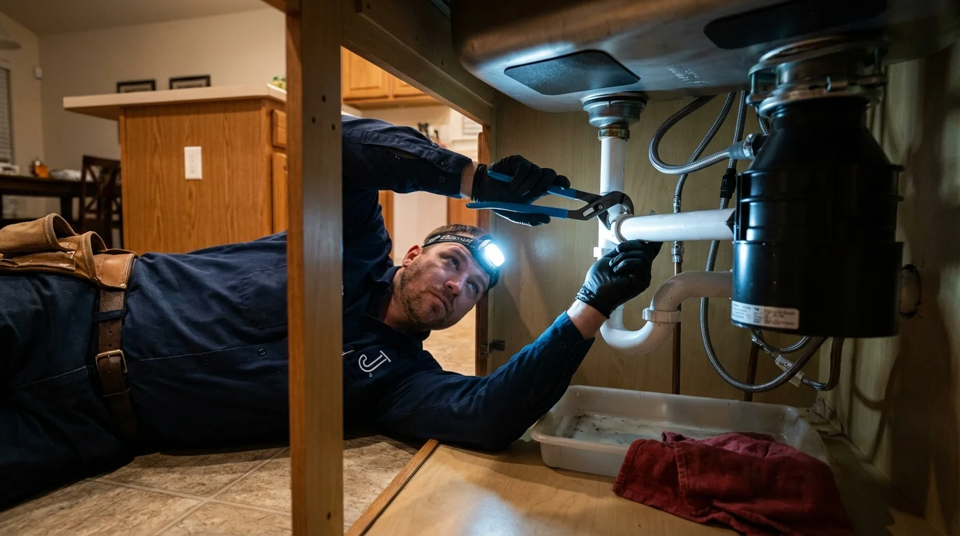 P-trap and supply line connections under a kitchen sink showing a common leak point in Medina, NY